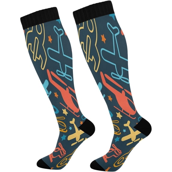 FREEAMG Cartoon Plane Compression Socks, Knee High Running Socks for Women, Men, Sports, Running, Travel, Nurses