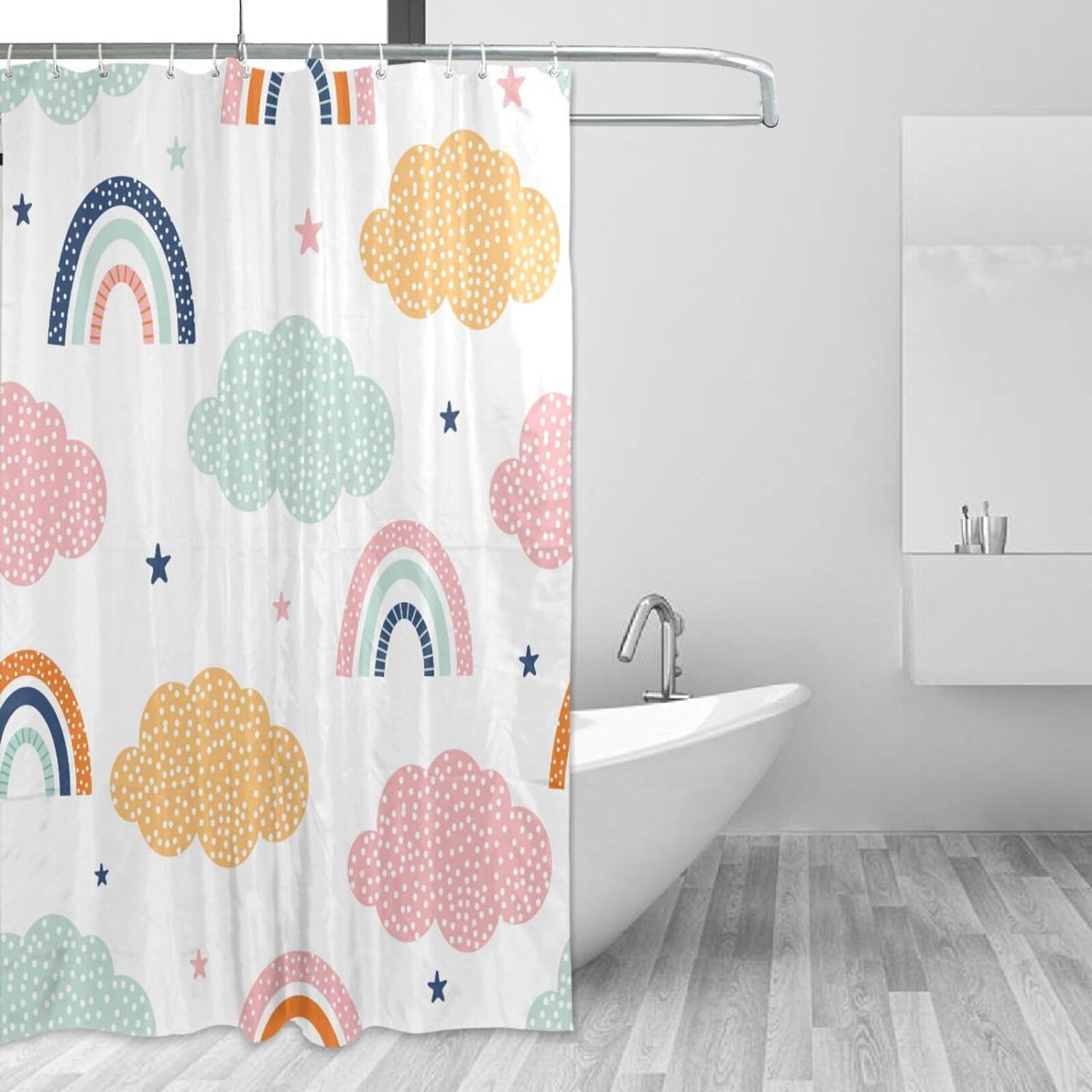 FREEAMG Cartoon Rainbow Shower Curtain, Waterproof Fabric Shower