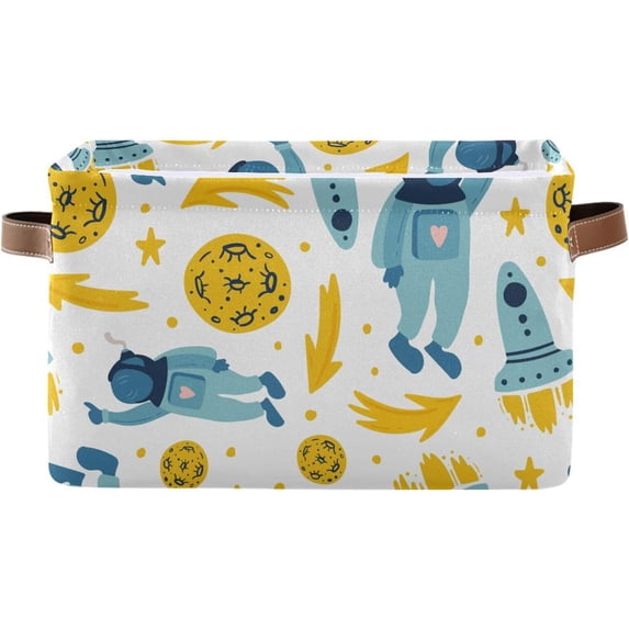 FREEAMG Cartoon Space Rockets Planets Stars Storage Basket, Durable Canvas Organizer With Handles Large Collapsible Storage Bins Boxes for Home Office - 2 Pack