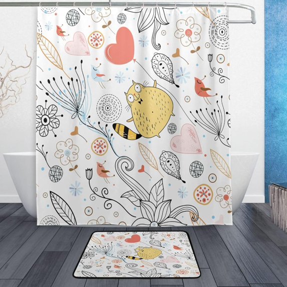 FREEAMG Cat Bird Flower Illustration Cartoon Shower Curtain Set, with Rug and Shower Curtain, Waterproof and Durable, with Hooks, Bathroom Decoration, 60x72in