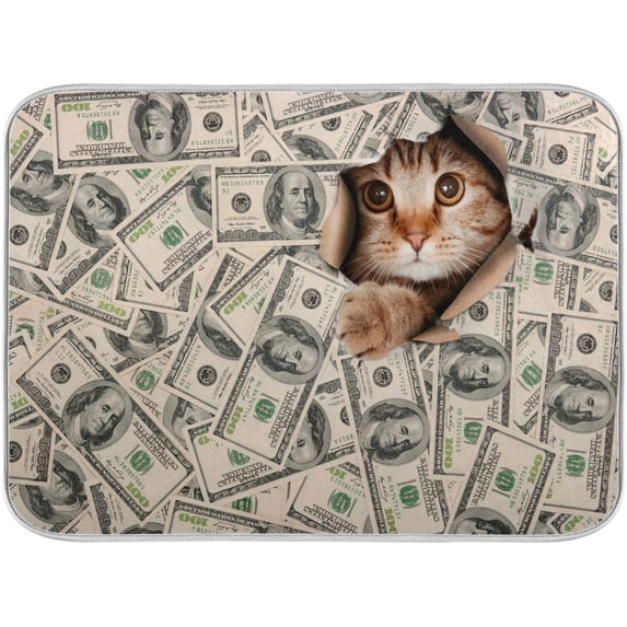 FREEAMG Cat Kitten Money Dollar Vintage Dish Drying Mat for Kitchen Counter 16 x 18 Inch, Microfiber Multi-Purpose Counter Rack Sink Drainer Pad