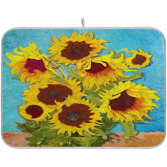 FREEAMG Chic Beautiful Sunflowers Painting Absorbent Dish Drying Mat Microfiber Kitchen Countertop Table Protector Multi-Purpose Counter Rack Sink Drainer Pad 16"x 18"