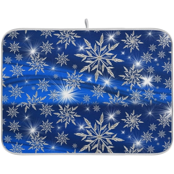 FREEAMG Christmas Dish Drying Mat Silver Snowflake Blue Xmas Microfiber Absorbent Drying Pad Heat Resistant Kitchen Island Protector Seasonal Gift Party Favors 16"× 18"