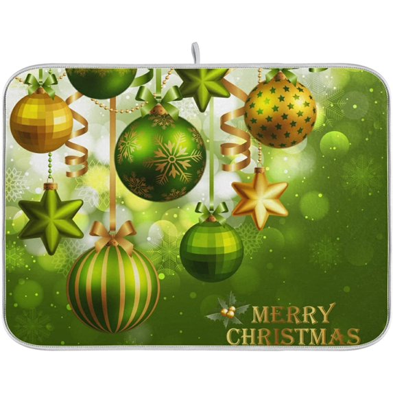 FREEAMG Christmas Dish Drying Mat Xmas Green Ball Gold Star Microfiber Absorbent Drying Pad Heat Resistant Kitchen Island Protector Seasonal Gift Party Favors 16"× 18"