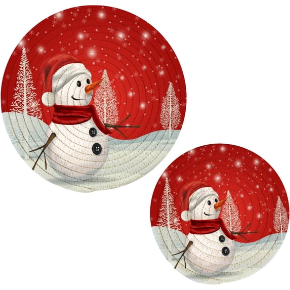 FREEAMG Christmas Snowman Heat Resistant Trivets Potholders 2PCS,Round Cotton Weave Handmade Pot Holder, Non-Slip Hot Mats Kitchen Dining Plate Mat
