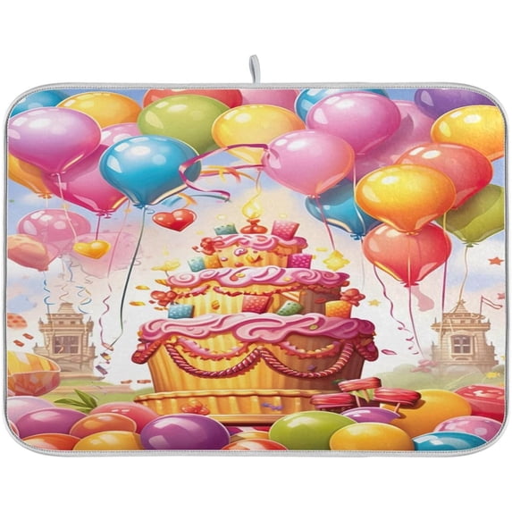 FREEAMG Colorful Balloons and Cake Absorbent Dish Drain Mat,18"x16" Dish Drying Mats for Kitchen Counter,Dish Drying Pads for Sinks,Draining Racks