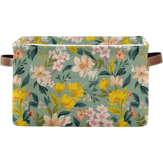 FREEAMG Colorful Flowers Foldable Canvas Storage Bin, Sturdy Fabric Storage Basket with Handles, Storage Cube Box for Organizing Shelf Nursery Toy Closet 2PCS