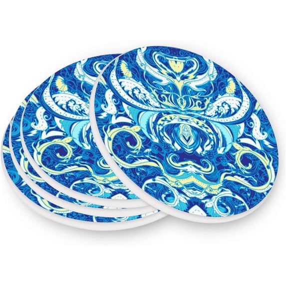 FREEAMG Colorful Ornate Paisley Coasters for Drinks Set of 4, Absorbent Ceramic Drink Coaster with Cork Base for Wooden Coffee Table, Cool Housewarming Gift for Home Decor