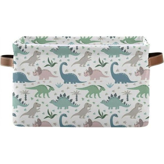 FREEAMG Cute Dinosaurs Foldable Canvas Storage Bin, Sturdy Fabric Storage Basket with Handles, Storage Cube Box for Organizing Shelf Nursery Toy Closet 1PCS