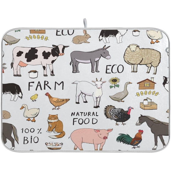 FREEAMG Cute Farm Animals Dish Drying Mats for Kitchen Counter, Heat-Resistant Dishes Drying Pad, Ultra Absorbent Drying Mat for Coffee Machine Sink Rack 18x24Inch