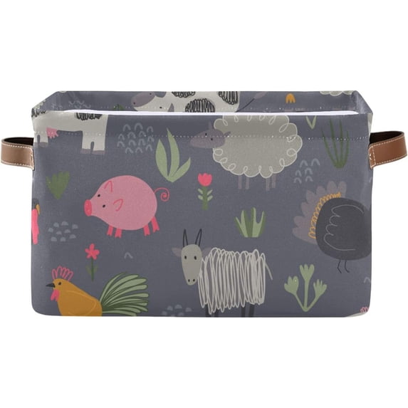 FREEAMG Cute Hand Drawn Farm Animals and Plants Storage Basket, Durable Canvas Organizer With Handles Large Collapsible Storage Bins Boxes for Home Office - 2 Pack