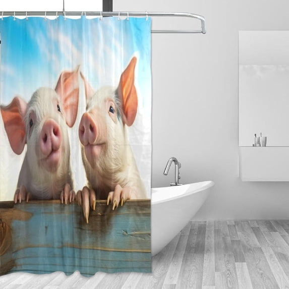 FREEAMG Cute Little White Pig Shower Curtain Waterproof Fabric with 12 Hooks Bathroom Decorative Bath Curtain Set Polyester Fabric Machine Washable 60 x 72 Inch