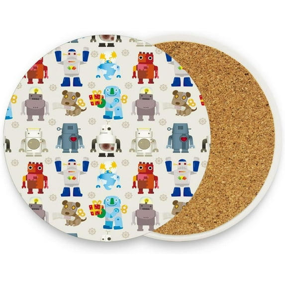 FREEAMG Cute Robot Pattern Coasters for Drinks Set of 2, Absorbent Ceramic Drink Coaster with Cork Base for Wooden Coffee Table, Cool Housewarming Gift for Home Decor