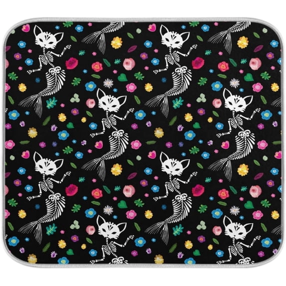 FREEAMG Day of Dead Mermaid Skeleton Floral Pattern Absorbent Dish Drying Mat, 16 x 18 Inches Microfiber Kitchen Countertop Table Protector Multi-purpose Counter Rack Sink Drainer Pad