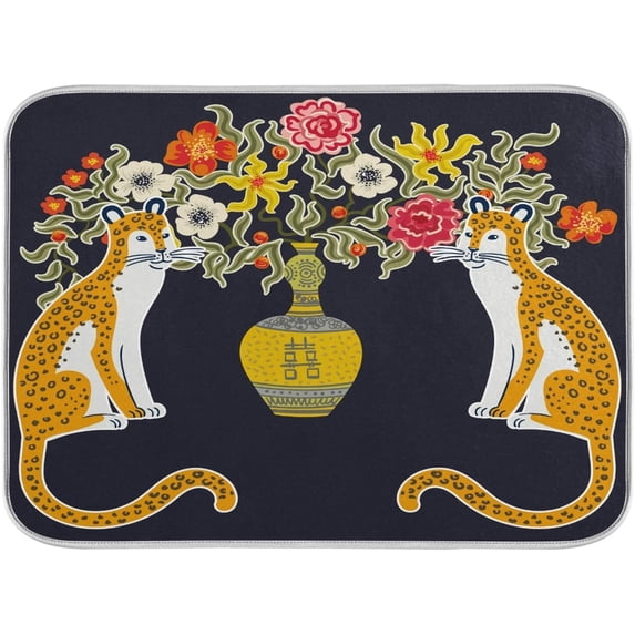 FREEAMG Dish Drying Mat Beautiful Vintage Tiger Chinoiserie Style Kitchen Dish Pads Super Absorbent Microfiber Dish Drying Rack Pads Safe Heat-resistant Kitchen Counter Mat,18x24 Inch