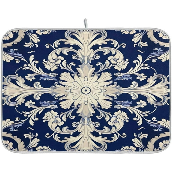 FREEAMG Dish Drying Mat Blue Damask Baroque Floral Absorbent Dry Mats for Dishes Draining Pad for Kitchen Countertop 16" x 18"
