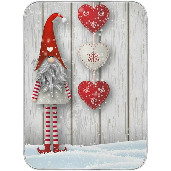 FREEAMG Dish Drying Mat Christmas Gnome White Wood Heart Microfiber Absorbent Drying Pad Heat Resistant Kitchen Counter Island Top Protector Stovetop Cover 18"× 24"