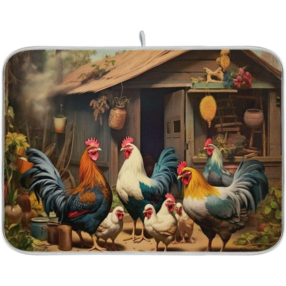 FREEAMG Dish Drying Mat Farmhouse Roosters Absorbent Dry Mats for Dishes Draining Pad for Kitchen Countertop 18" x 24"