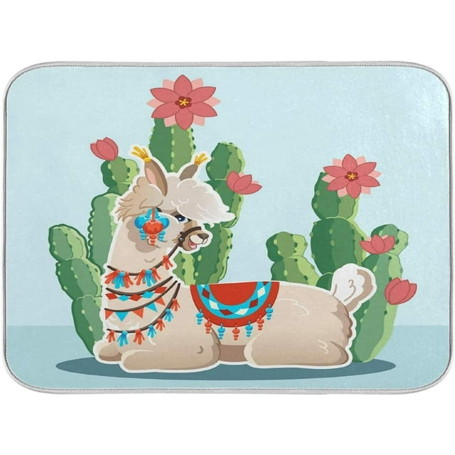 FREEAMG Dish Drying Mat Funny Alpaca Llama And Cactus Plants Kitchen