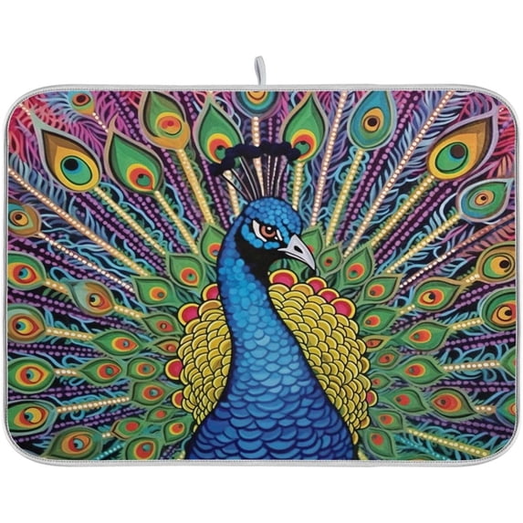 FREEAMG Dish Drying Mat Peacock Absorbent Microfiber Kitchen Dish Mat Super Absorbent Dish Drainer Mat for Kitchen Counter 16" x 18"