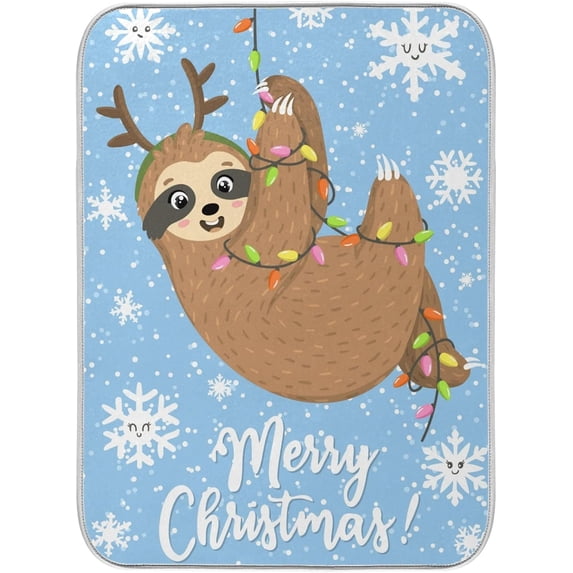 FREEAMG Dish Drying Mat Sloth Merry Christmas Snowflake Microfiber Absorbent Drying Pad Heat Resistant Kitchen Countertop Island Protector Stovetop Cover Holiday Gift 18"× 24"