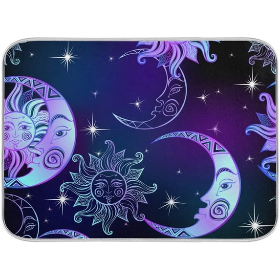 FREEAMG Dish Drying Mat Sun Moon Star Purple Absorbent Drying Pad Heat Resistant Counter Kitchen Island Top Protector 18"× 24"