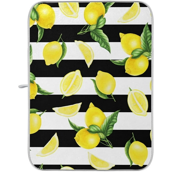 FREEAMG Dish Drying Mat Yellow Lemon Black Stripes Microfiber Absorbent Drying Pad Heat Resistant Kitchen Island Protector Stove Top Cover 16"× 18"Spring Summer Autumn Winter Holiday Gift