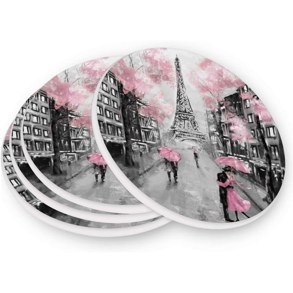 FREEAMG Eiffel Tower Coasters Absorbent Moisture Non-Slip Drink Coaster Vintage Art Valentine's Day Ceramic Stone with Cork Base Desktop - Protection, 4PCS
