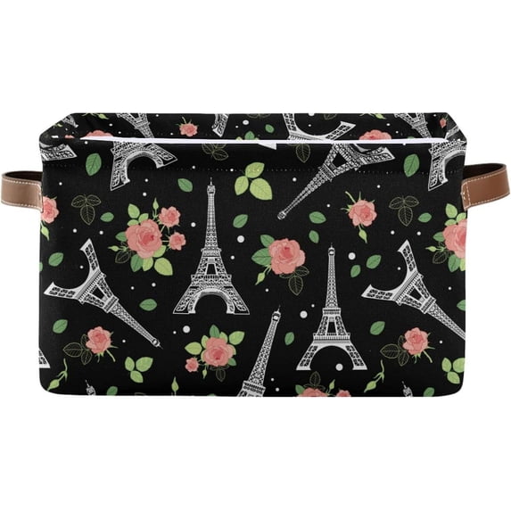 FREEAMG Eiffel Tower Rose Foldable Canvas Storage Bin, Sturdy Fabric Storage Basket with Handles, Storage Cube Box for Organizing Shelf Nursery Toy Closet 2PCS