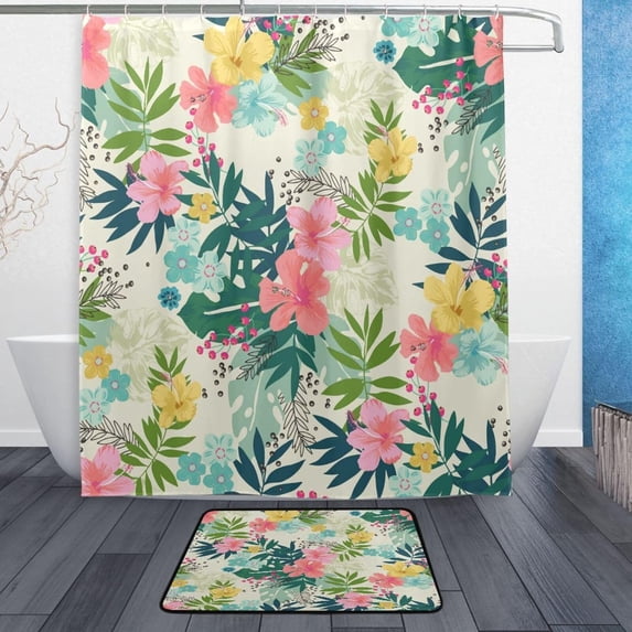 FREEAMG Elegant Flower Colorful Floral Shower Curtain Set, with Rug and Shower Curtain, Waterproof and Durable, with Hooks, Bathroom Decoration, 60x72in