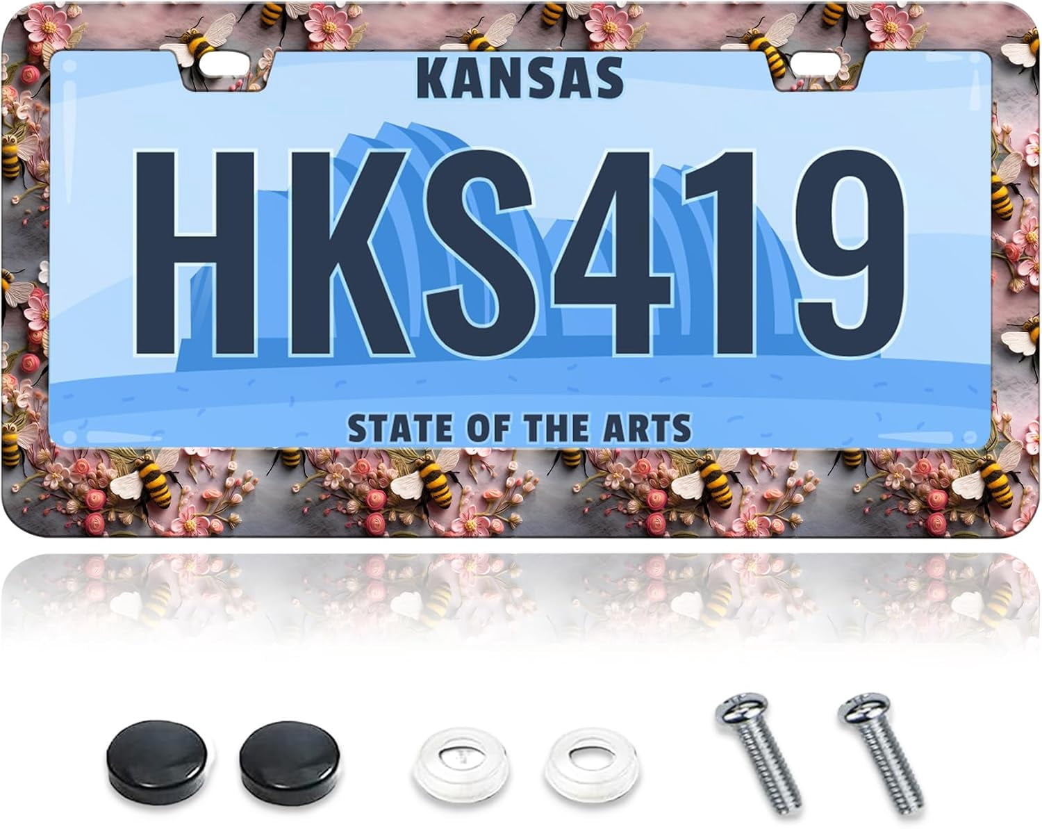Cherry Blossom License Plate Frame - Stainless Steel Black Frame With Pink Design, Fits US/CA Plates