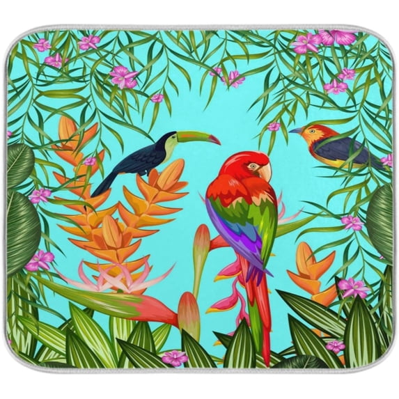 FREEAMG Exotic Tropical Birds Flowers Absorbent Dish Drying Mat, 16 x 18 Inches Microfiber Kitchen Countertop Table Protector Multi-purpose Counter Rack Sink Drainer Pad