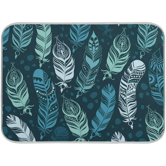 FREEAMG Feather Bright Blue Cool Dish Drying Mat Countertop Protector Kitchen Decor 16"× 18", Microfiber Multi-Purpose Counter Rack Sink Drainer Pad