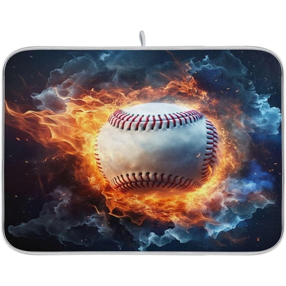 FREEAMG Fire Baseball Lightning Dish Drying Mat for Kitchen Counter, Ultra Absorbent Reversible Microfiber Dishes Drying Rack Pad Heat-resistant Mats 16x18in