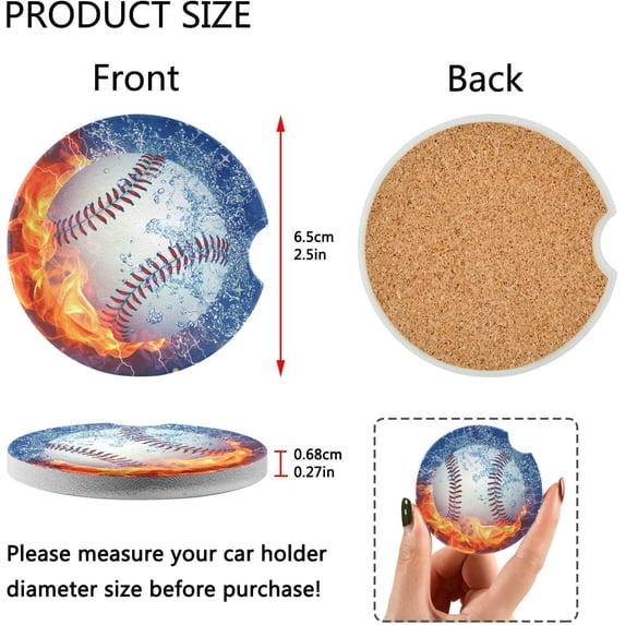 FREEAMG Fire Water Baseball Car Coasters 2 PCS Drinks Absorbent Ceramic Stone Car Coasters with Fingertip Grip Car Cup Holder Coasters