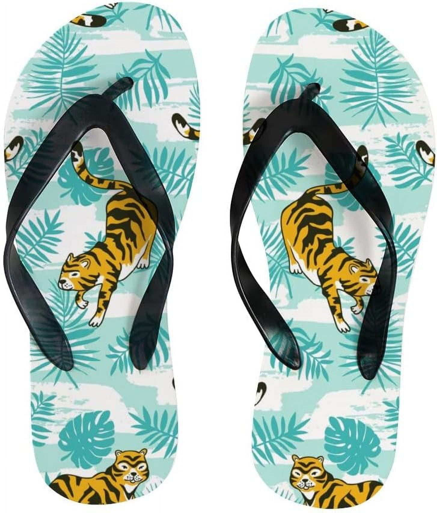 FREEAMG Flip Flops Tropical Tiger Palm Leaves Striped Animal Slippers ...