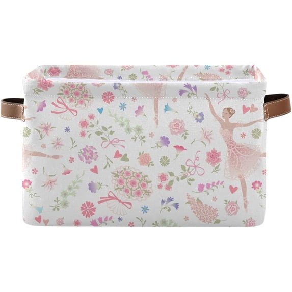 FREEAMG Flower and Dancing Ballerina Storage Basket, Durable Canvas Organizer With Handles Large Collapsible Storage Bins Boxes for Home Office - 1 Pack