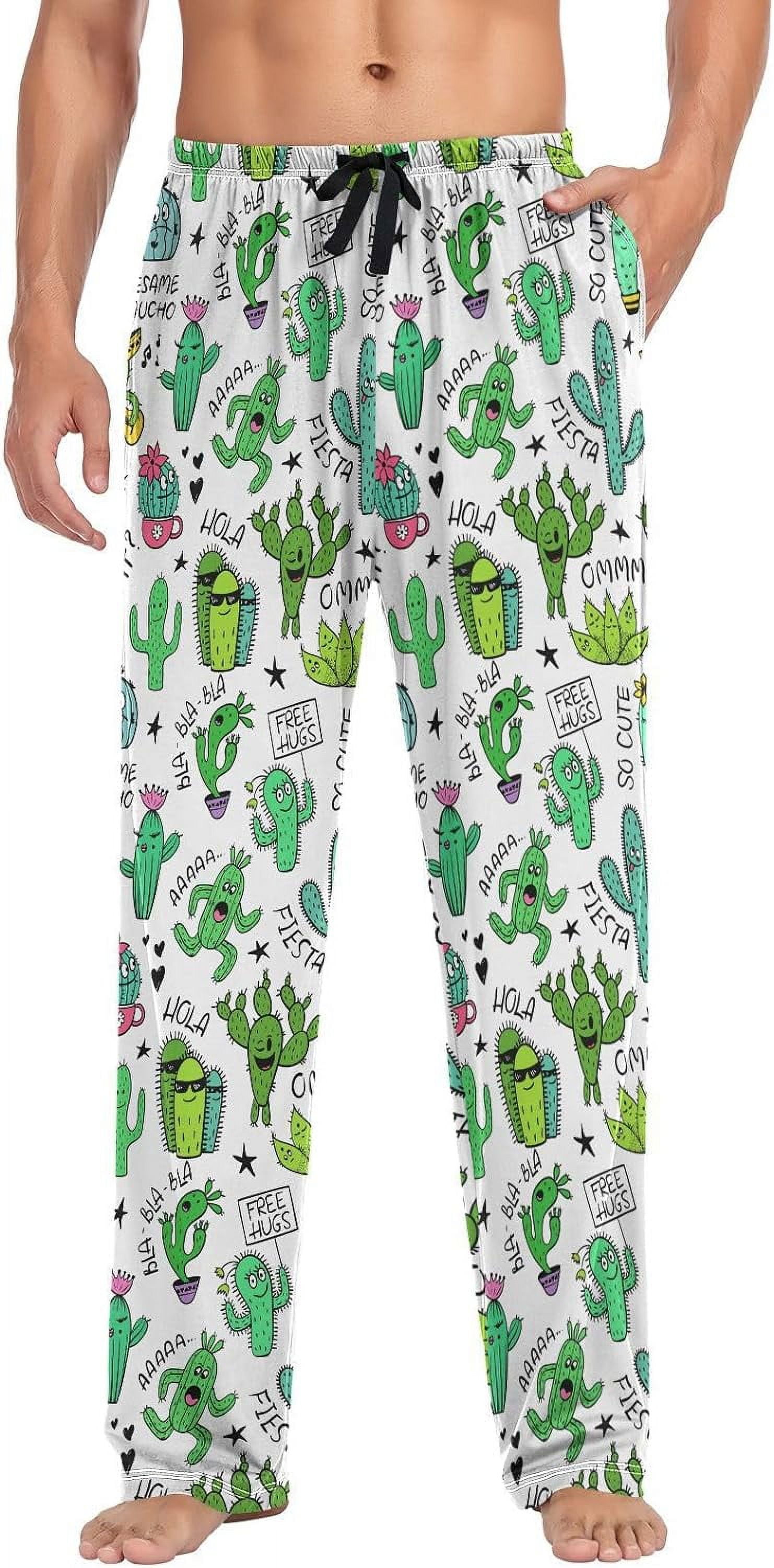 FREEAMG Fun Cartoon Cactus Pajama Pants for Men, Men's Separate Bottoms, Pure Cotton Comfortable 