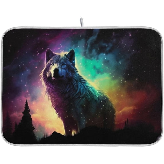 FREEAMG Galaxy Wolf Dish Drying Mat for Kitchen Counter, Ultra Absorbent Reversible Microfiber Dishes Drying Rack Pad Heat-resistant Mats 16x18in