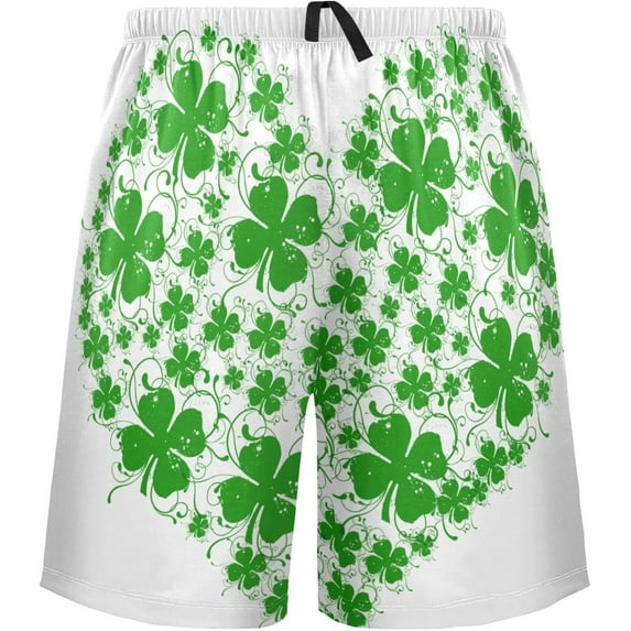 FREEAMG Green Clover Shamrock Heart Shape Pattern St. Patrick'S Day Men's Pajama Pants Shorts Sleepwear Lounge Pajama Bottoms