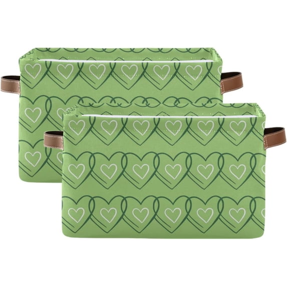 FREEAMG Green Heart Storage Basket with Handles Collapsible Storage Bins Canvas Fabric Storage Organizer for Shelves Closet Bedroom Living Room 2Pack