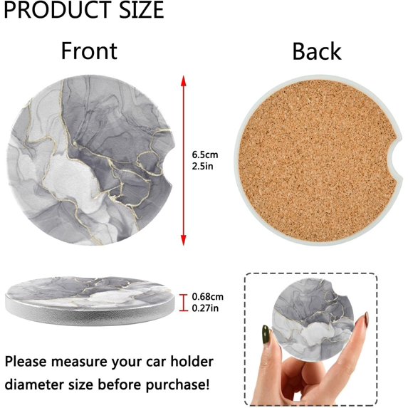 FREEAMG Grey Abstract Marble Car Coaster for Cup Holders,2 PCS Absorbent Ceramic Car Cup Coasters Universal Vehicle Non-Slip Car Cup Holder Coaster