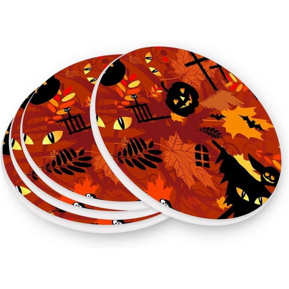 FREEAMG Halloween Maple Leaf Pumpkin Coasters for Drinks Set of 4, Absorbent Ceramic Drink Coaster with Cork Base for Wooden Coffee Table, Cool Housewarming Gift for Home Decor