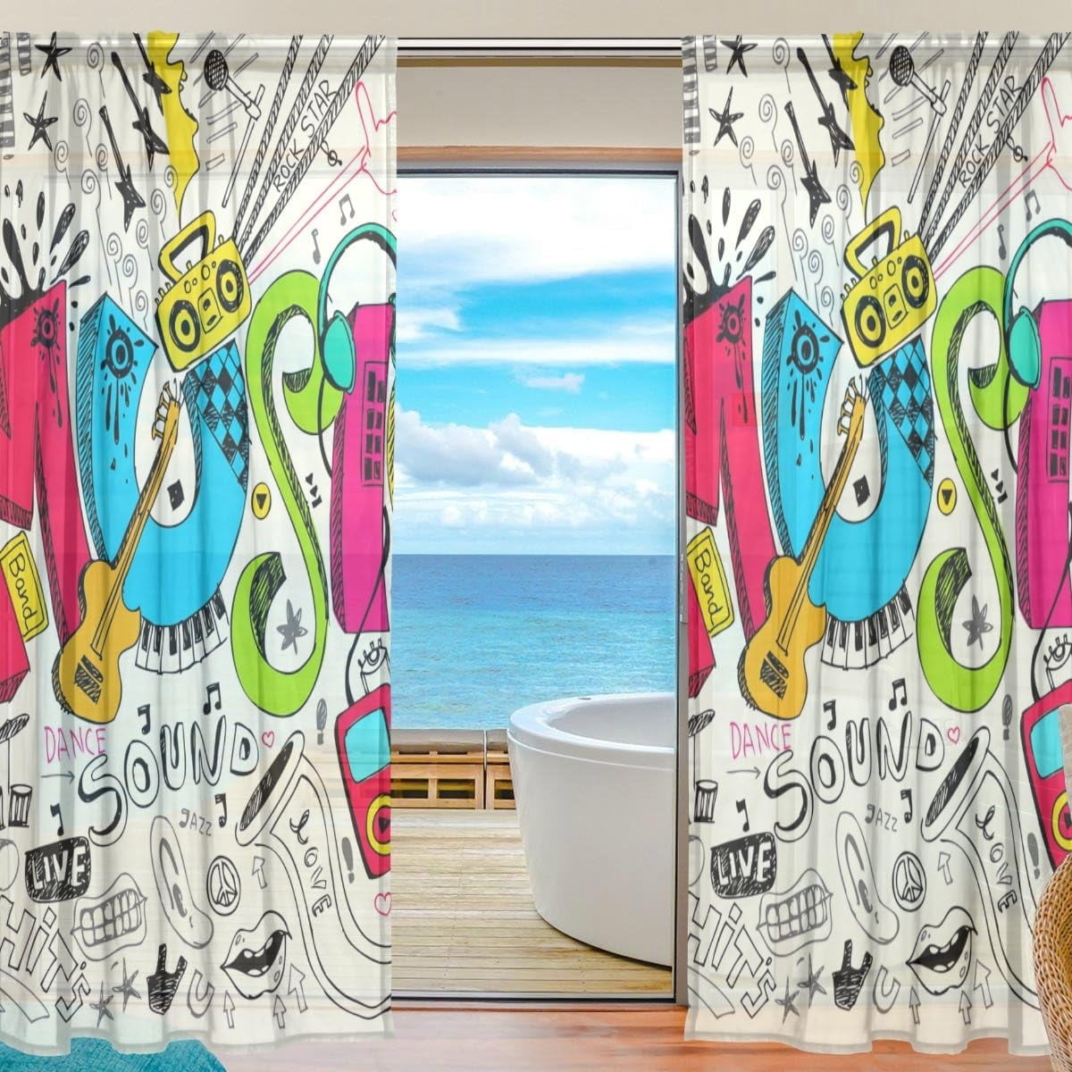 FREEAMG Hand Drawn Music Instruments Sheer Window Curtain Panel Drape ...