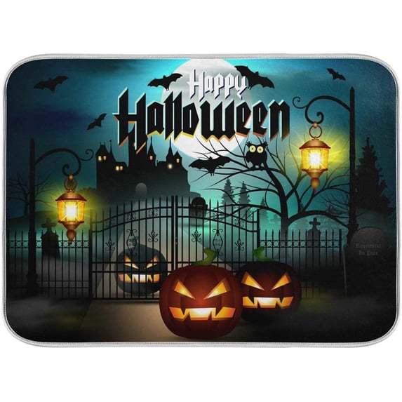 FREEAMG Happy Halloween Bat Owl Moon Pumpkin Dish Drying Mat for Kitchen Counter 16 x 18 Inch, Microfiber Multi-Purpose Counter Rack Sink Drainer Pad