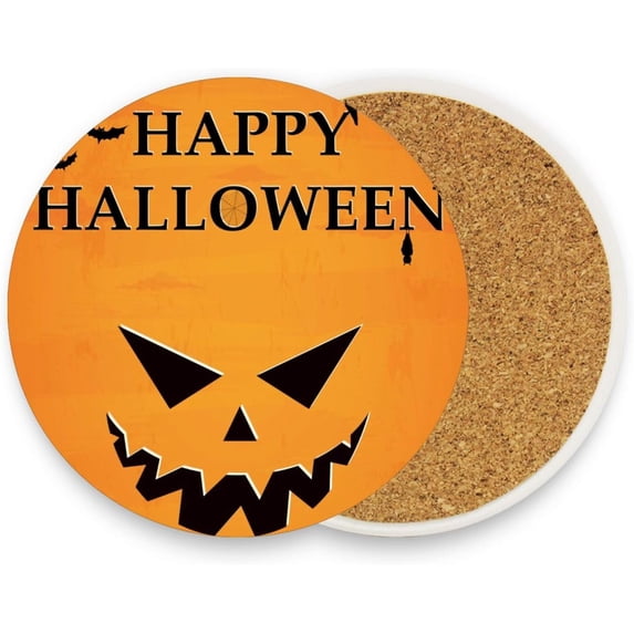 FREEAMG Happy Halloween Coasters for Drinks Set of 2, Absorbent Ceramic Drink Coaster with Cork Base for Wooden Coffee Table, Cool Housewarming Gift for Home Decor
