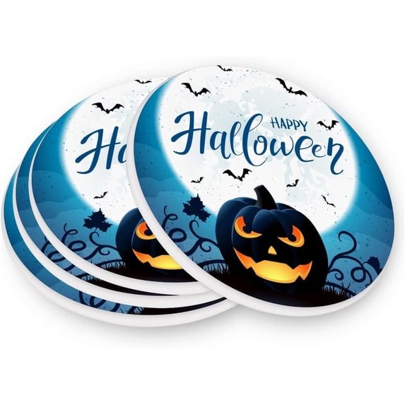 FREEAMG Happy Halloween Coasters for Drinks Set of 4, Absorbent Ceramic Drink Coaster with Cork Base for Wooden Coffee Table, Cool Housewarming Gift for Home Decor