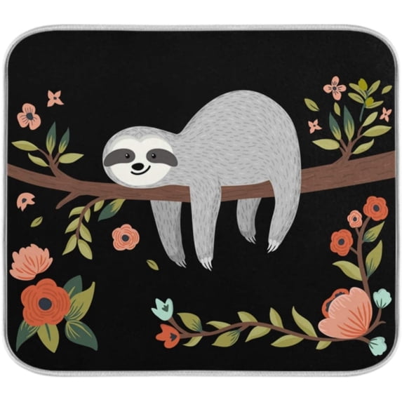 FREEAMG Happy Sloth on Tree Branch Absorbent Dish Drying Mat, 16 x 18 Inches Microfiber Kitchen Countertop Table Protector Multi-Purpose Counter Rack Sink Drainer Pad