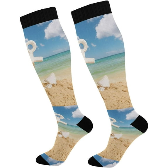 FREEAMG High Elasticity Compression Socks, High Knee Socks Adult Universal Leisure Relieve Fatigue,Anchor on Summer Beach Travel Daily with Running (2 Pair)
