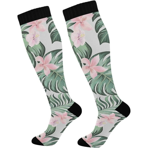 FREEAMG High Elasticity Compression Socks, High Knee Socks Adult Universal Leisure Relieve Fatigue,Beautiful Pink Flower Tropical Palm Leaves Travel Daily with Running (2 Pair)